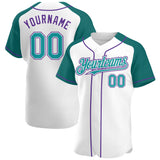 Custom White Teal-Purple Authentic Raglan Sleeves Baseball Jersey