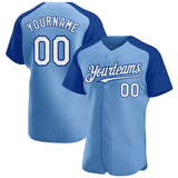 Custom Light Blue White-Royal Authentic Raglan Sleeves Baseball Jersey