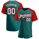 Custom Teal White-Red Authentic Raglan Sleeves Baseball Jersey