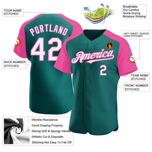 Custom Teal White-Pink Authentic Raglan Sleeves Baseball Jersey ...