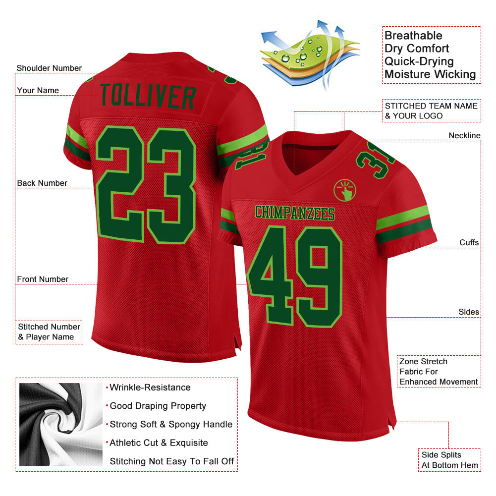 Custom Red Green-Neon Green Mesh Authentic Football Jersey