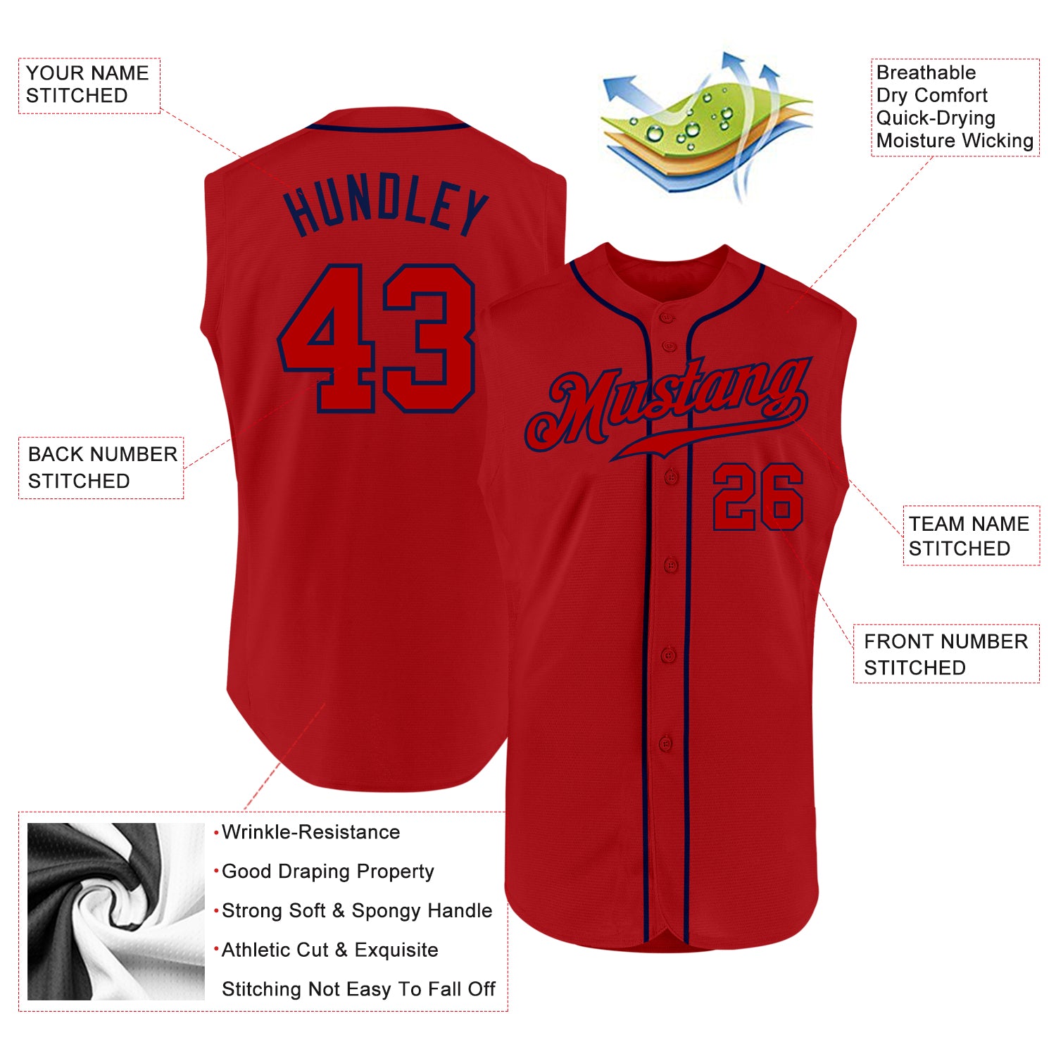 Custom Red Red-Navy Authentic Sleeveless Baseball Jersey