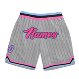 Custom Gray Black Pinstripe Pink-Light Blue Authentic Basketball Shorts