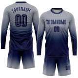 Custom Gray Navy Sublimation Long Sleeve Fade Fashion Soccer Uniform Jersey