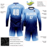 Custom Light Blue White-Navy Sublimation Long Sleeve Fade Fashion Soccer Uniform Jersey
