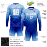 Custom Light Blue White-Royal Sublimation Long Sleeve Fade Fashion Soccer Uniform Jersey