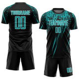 Custom Black Aqua-White Splash Sublimation Soccer Uniform Jersey
