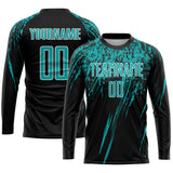 Custom Black Aqua-White Splash Sublimation Soccer Uniform Jersey