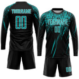 Custom Black Aqua-White Splash Sublimation Soccer Uniform Jersey