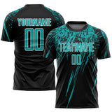 Custom Black Aqua-White Splash Sublimation Soccer Uniform Jersey