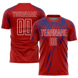 Custom Red Royal-White Splash Sublimation Soccer Uniform Jersey