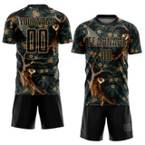 Custom Black Old Gold Tiger And Peacock Sublimation Soccer Uniform Jersey