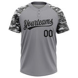 Custom Gray Black Camo Raglan Sleeves Two-Button Unisex Softball Jersey