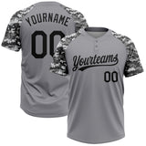 Custom Gray Black Camo Raglan Sleeves Two-Button Unisex Softball Jersey