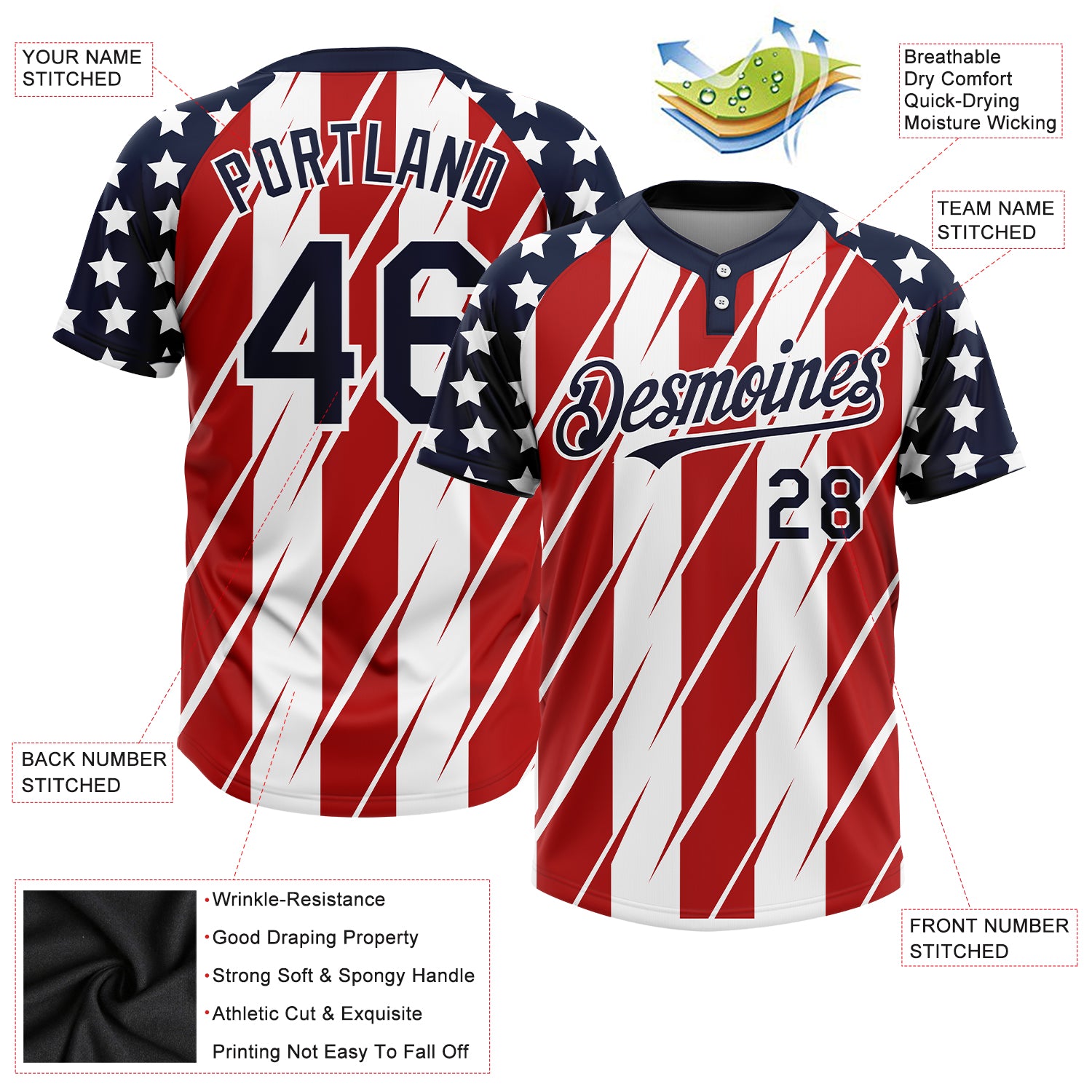 Custom Red Navy-White 3D American Flag Fashion Two-Button Unisex Softball Jersey