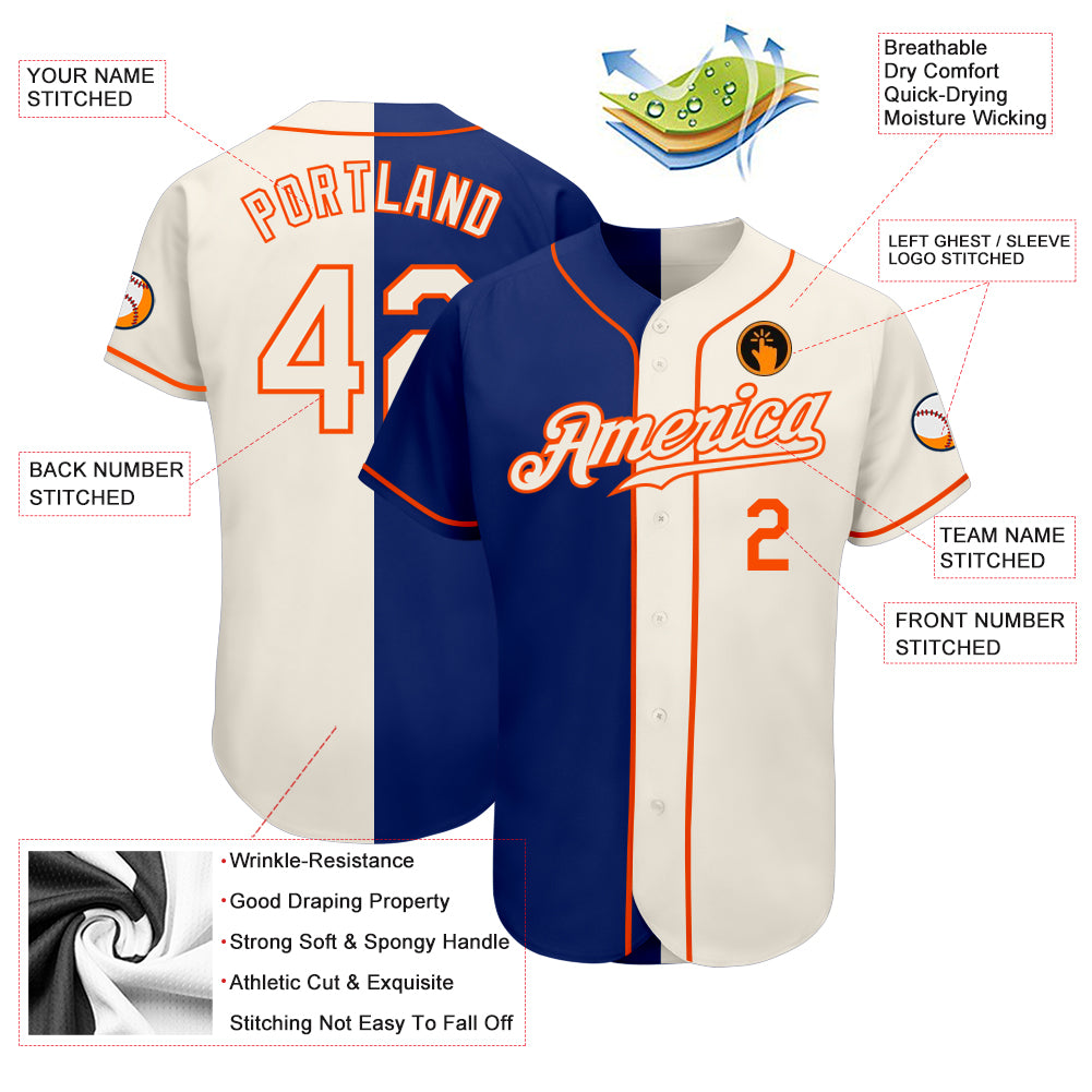 Custom Royal Cream-Orange Authentic Split Fashion Baseball Jersey