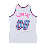 Custom White Light Blue-Pink Authentic Throwback Basketball Jersey