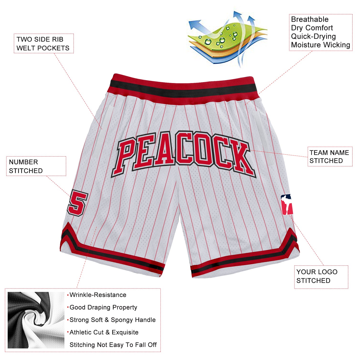 Custom White Red Pinstripe Red-Black Authentic Basketball Shorts
