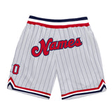 Custom White Navy Pinstripe Red-Navy Authentic Basketball Shorts