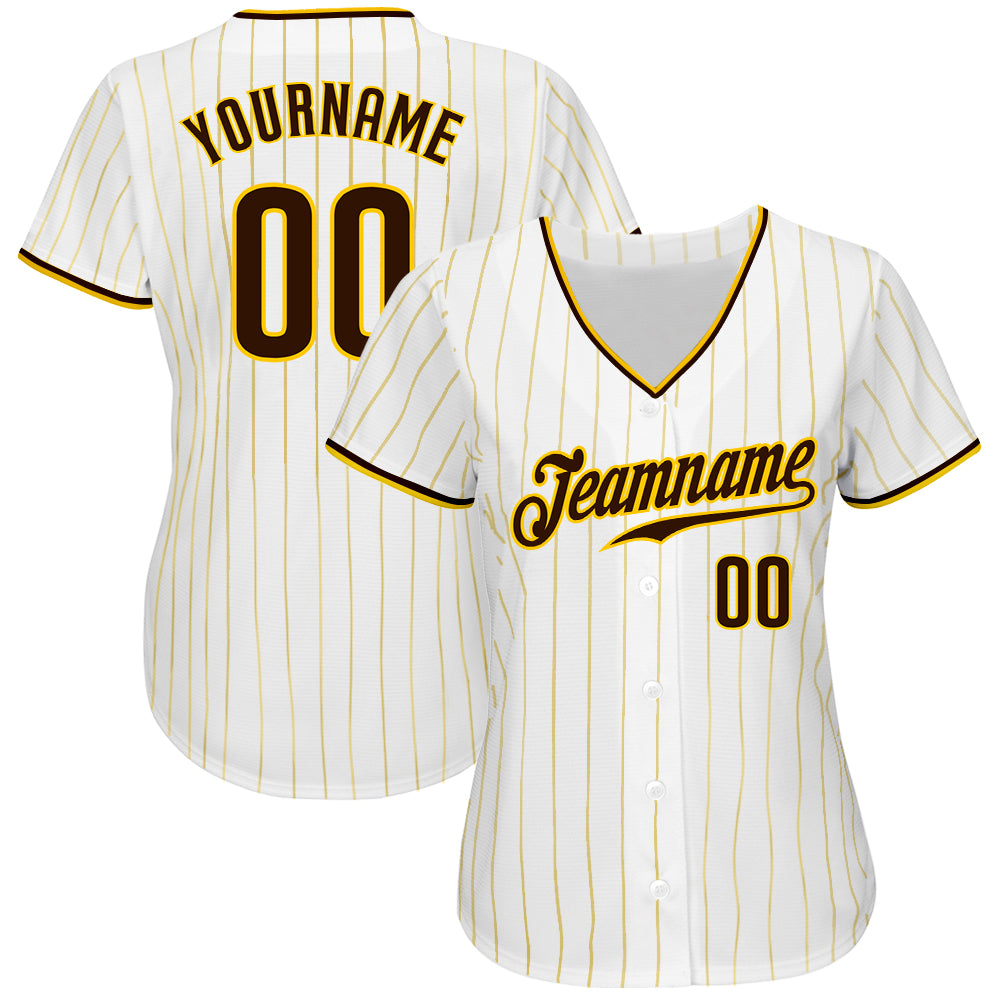 Custom White Gold Pinstripe Brown-Gold Authentic Baseball Jersey