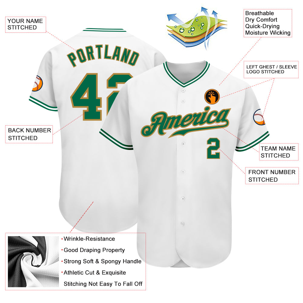 Custom White Kelly Green-Old Gold Authentic Baseball Jersey