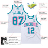 Custom White Teal-Pink Authentic Throwback Basketball Jersey