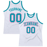 Custom White Teal-Pink Authentic Throwback Basketball Jersey