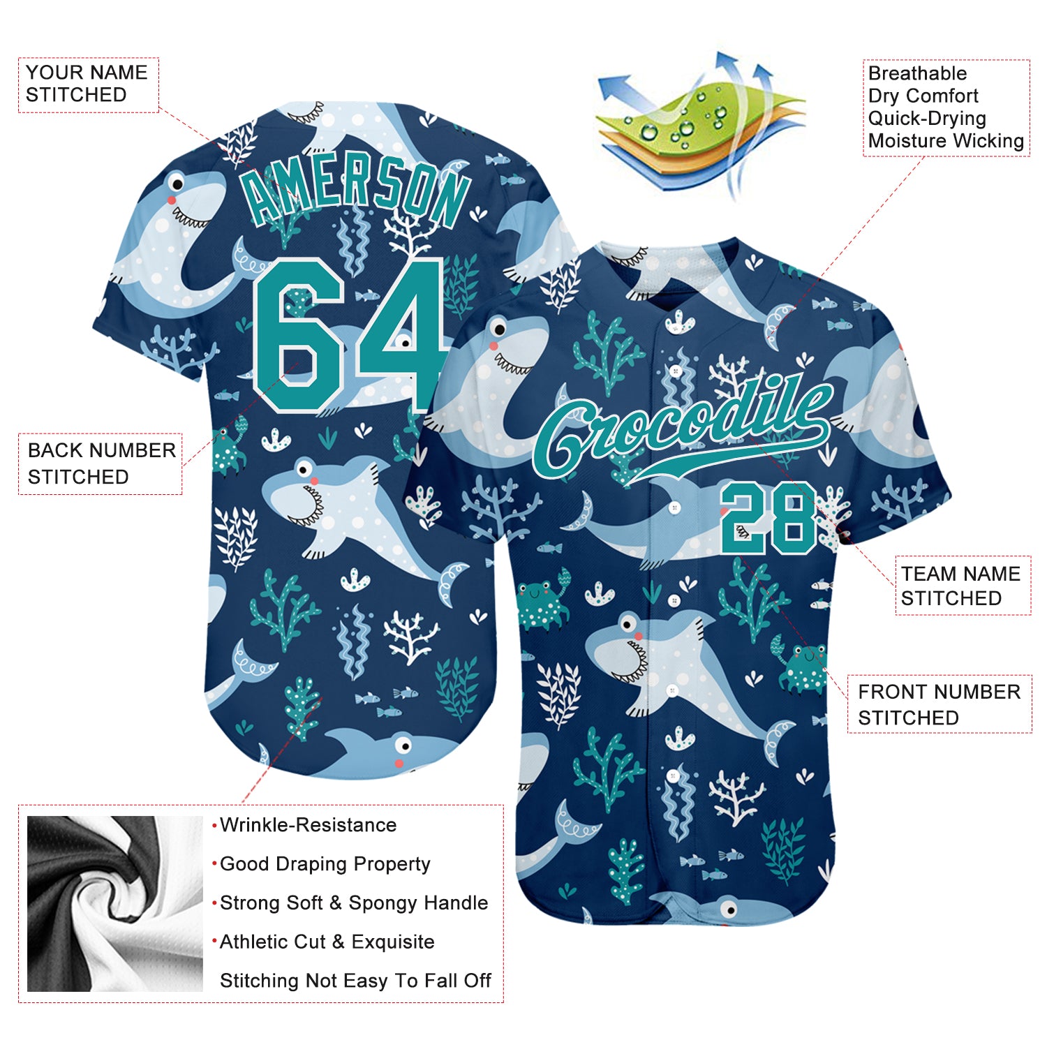 Custom Aqua Aqua-White 3D Pattern Design Sharks Authentic Baseball Jersey