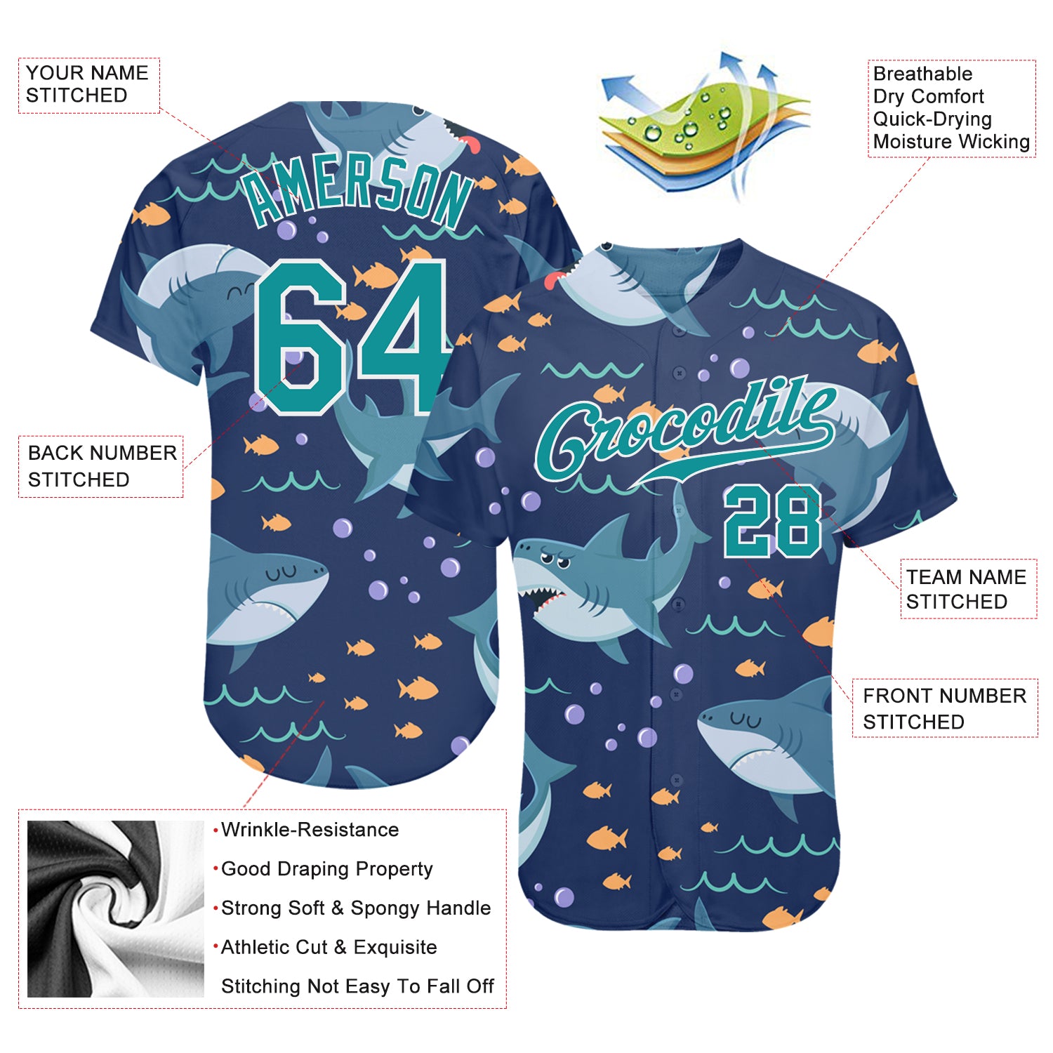Custom Teal Teal-White 3D Pattern Design Sharks Authentic Baseball Jersey