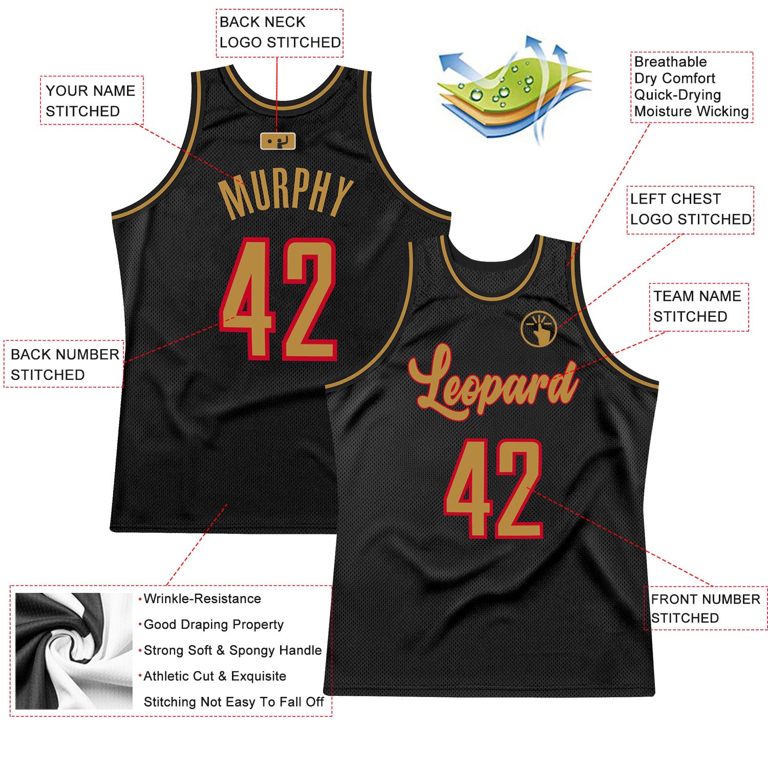 Custom Black Old Gold-Red Authentic Throwback Basketball Jersey