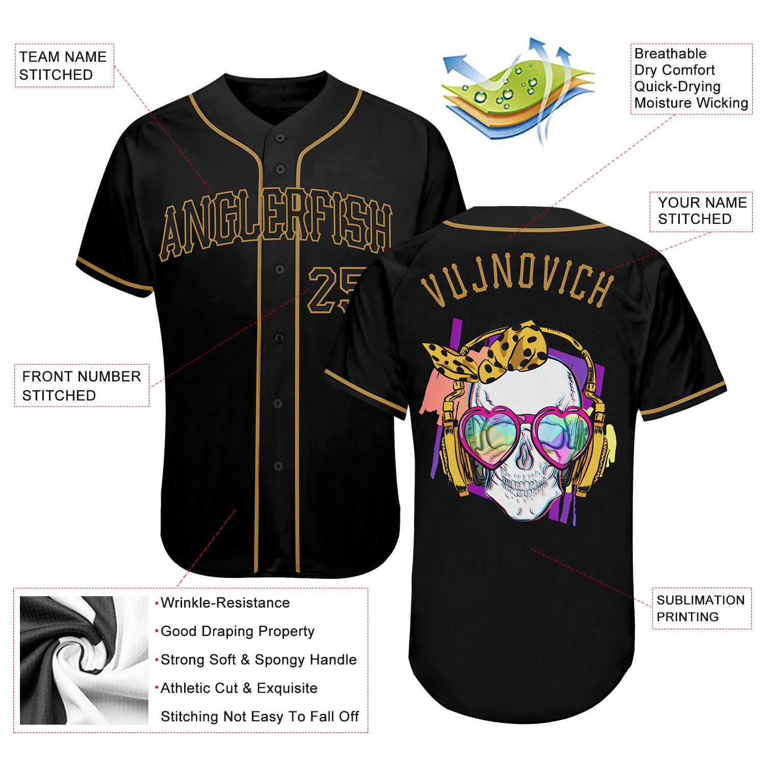 Custom Black Black-Old Gold Authentic Skull Fashion Baseball Jersey