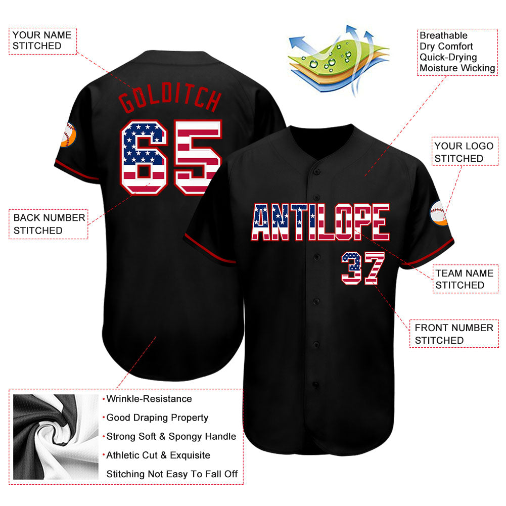 Custom Black USA Flag-Red Authentic Baseball Jersey