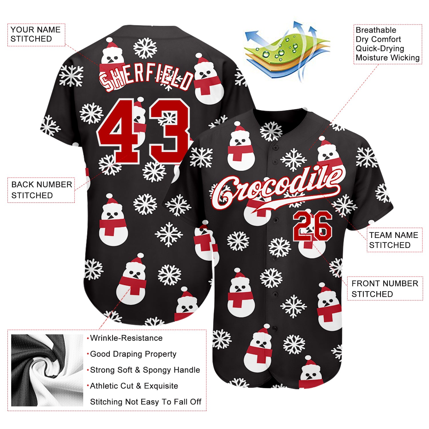 Custom Black Red-White Christmas 3D Authentic Baseball Jersey