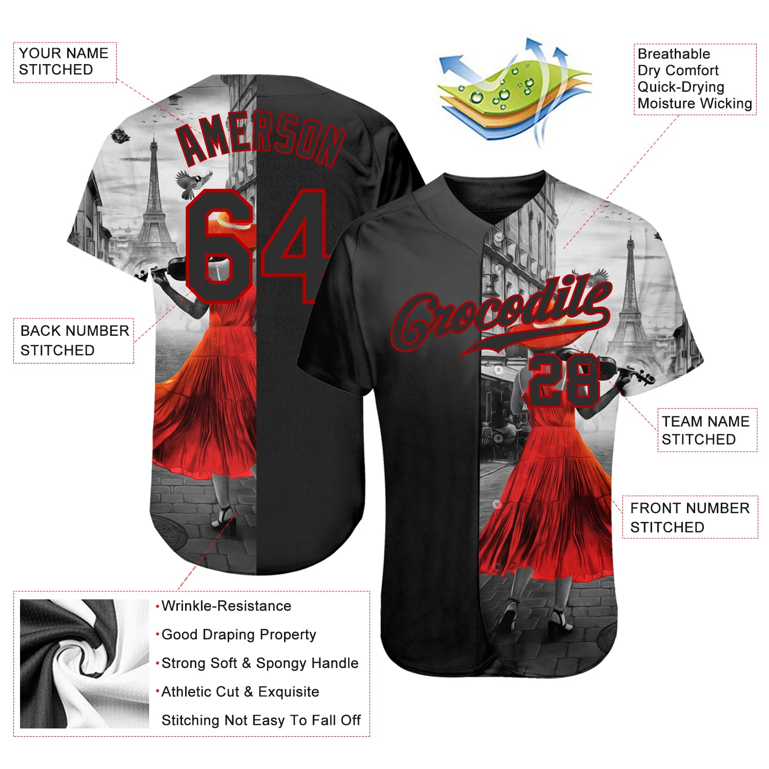 Custom Black Black-Red 3D Pattern Design A Girl With The Eiffel Tower Authentic Baseball Jersey