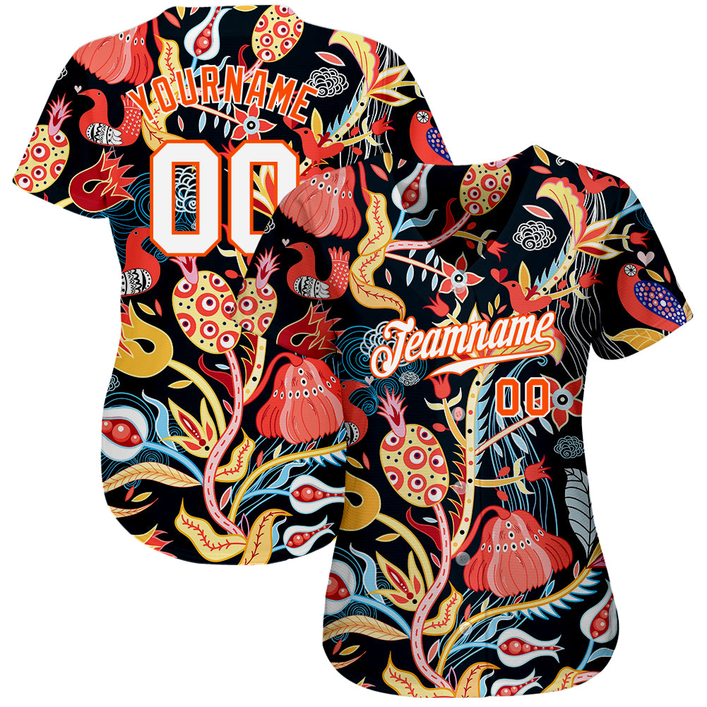 Custom Black White-Orange 3D Pattern Design Flowers Authentic Baseball Jersey
