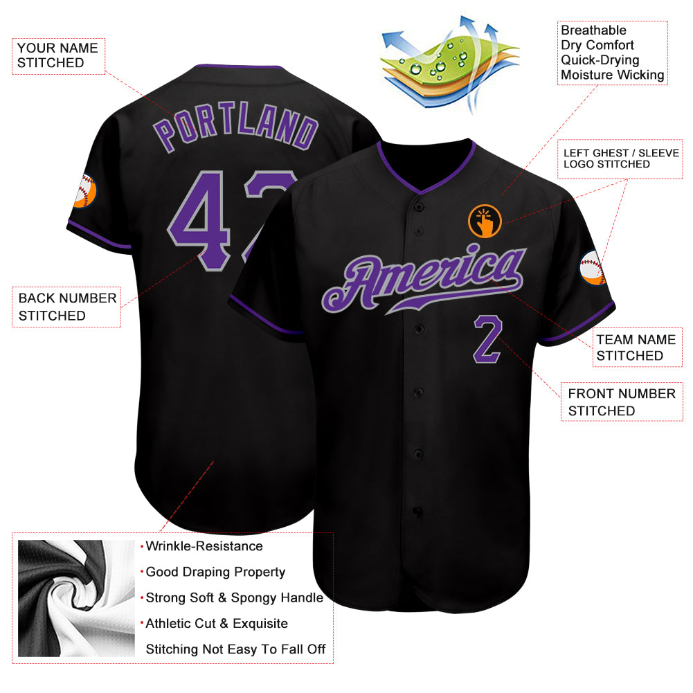 Custom Black Purple-Gray Authentic Baseball Jersey
