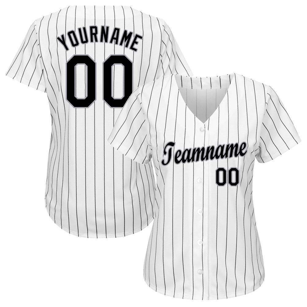 Custom White Black Pinstripe Black-Gray Baseball Jersey