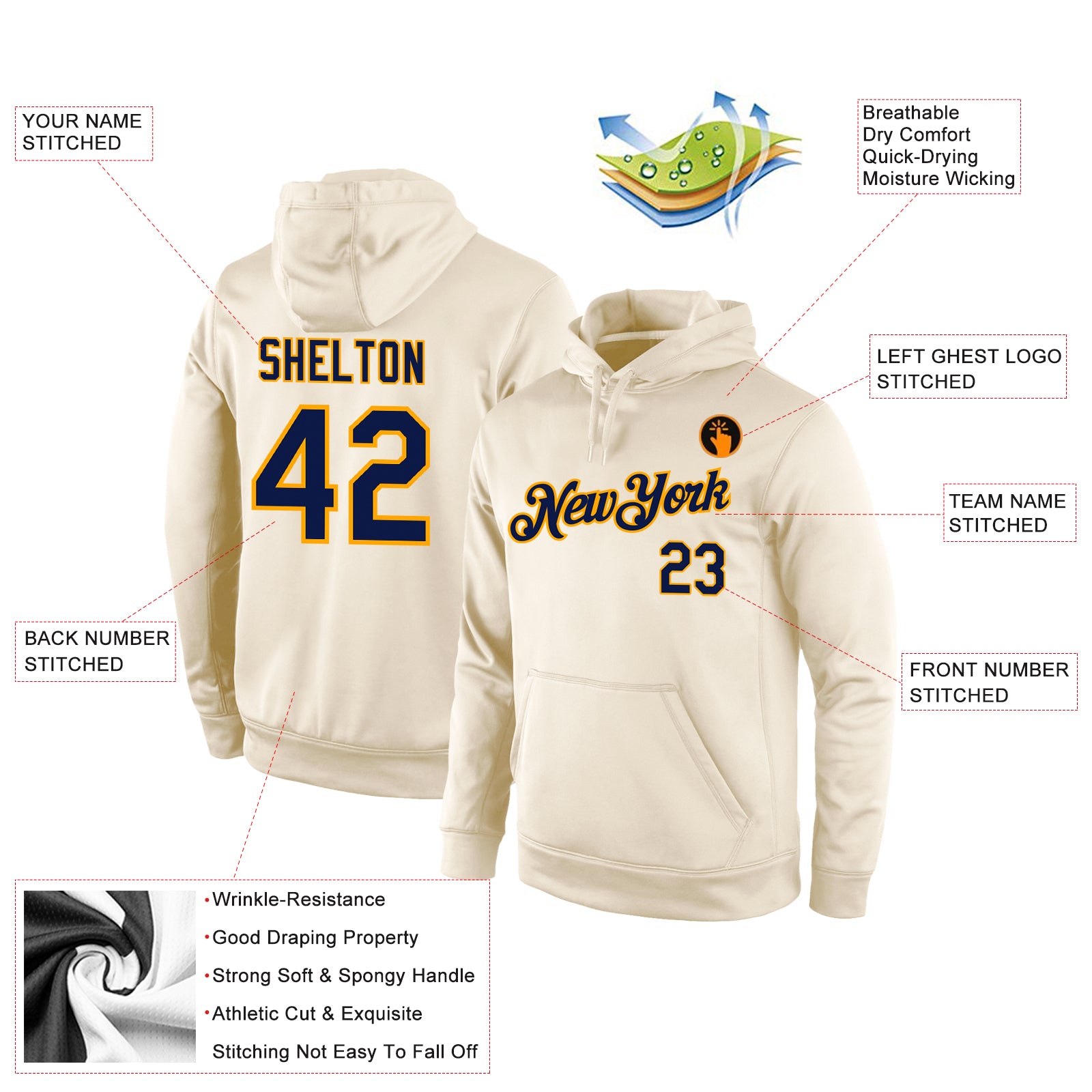 Custom Stitched Cream Navy-Gold Sports Pullover Sweatshirt Hoodie