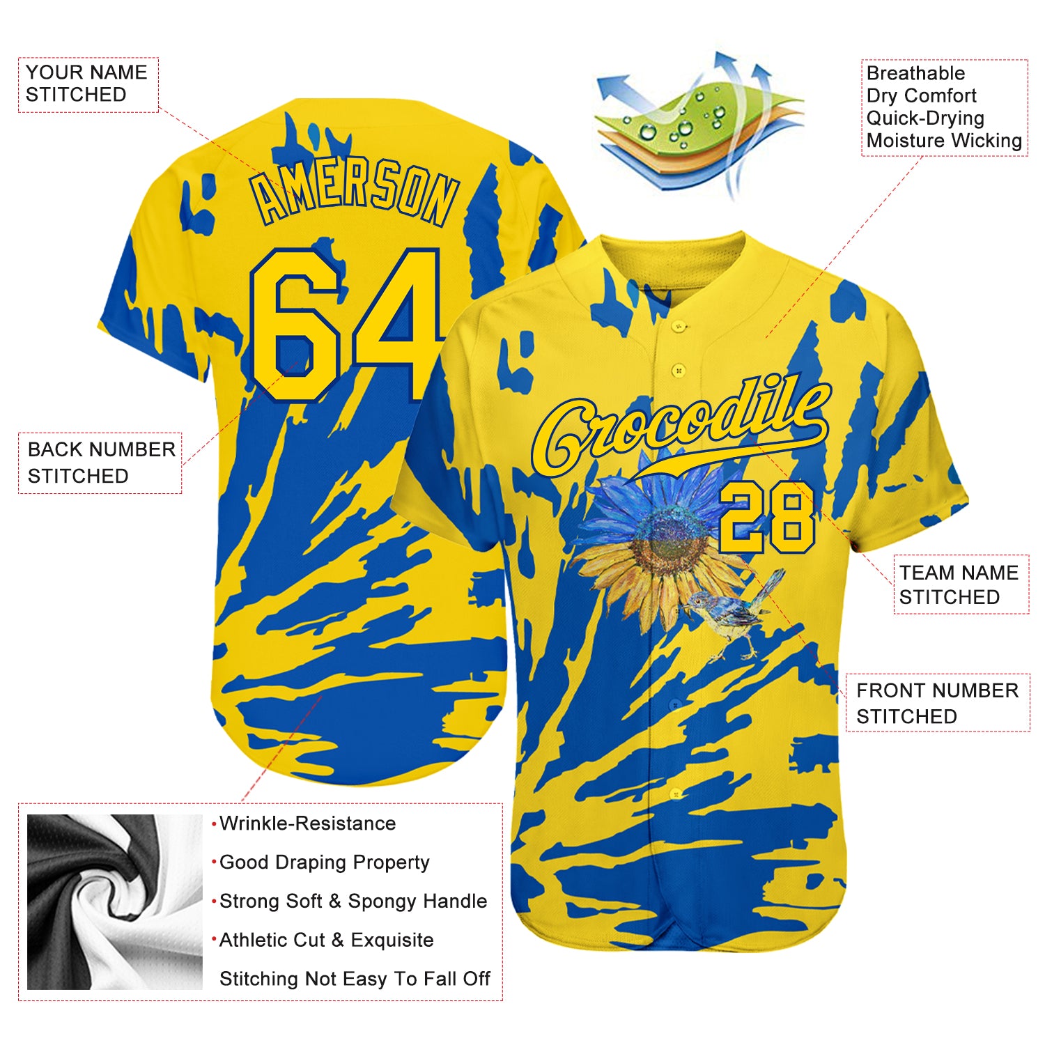 Custom 3D Pattern Design Ukraine Sunflower Nightingale Authentic Baseball Jersey