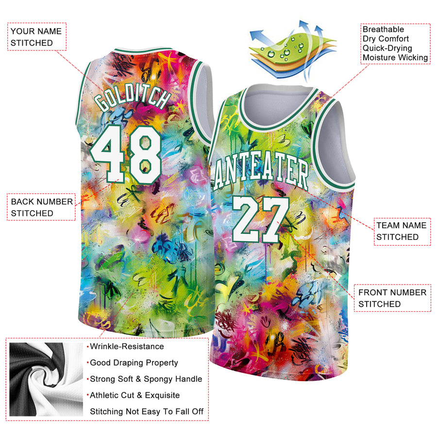 Custom Black Green-Pink Spotted Graffiti Pattern Sports Uniform Basketball Jersey