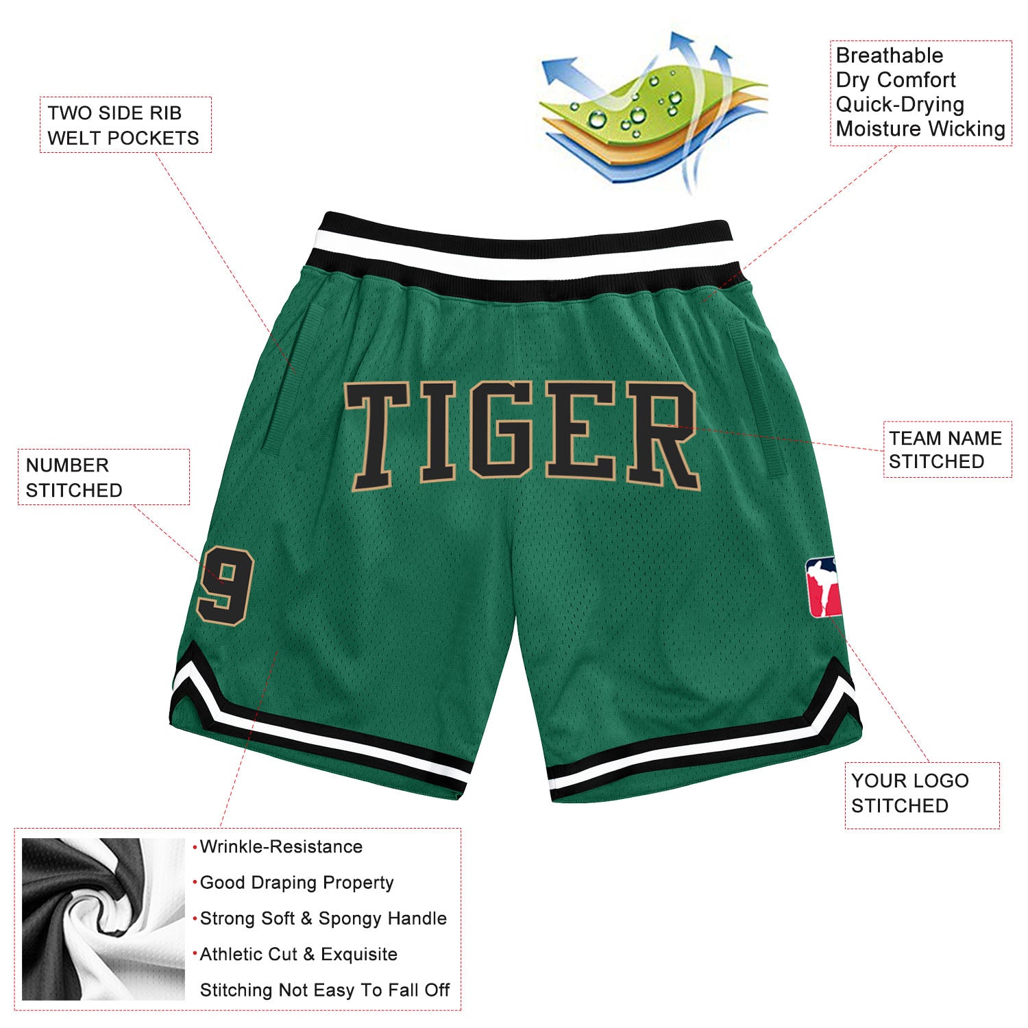 Custom Kelly Green Black-Old Gold Authentic Throwback Basketball Shorts