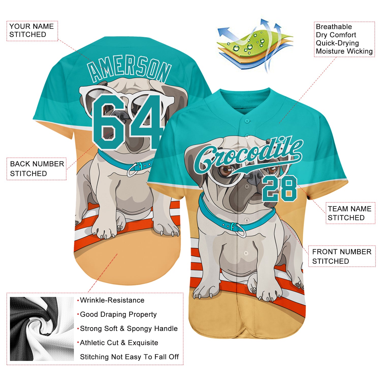 Custom Old Gold Teal-White 3D Pattern Design Puppy Pug Authentic Baseball Jersey