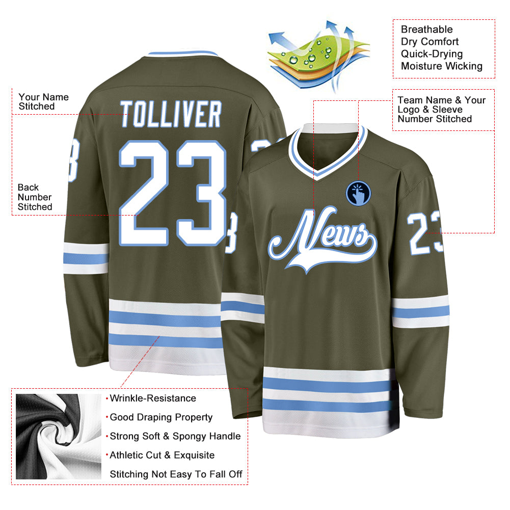 Custom Olive White-Light Blue Salute To Service Hockey Jersey