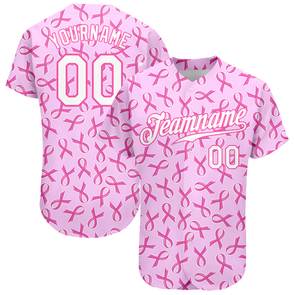 Custom Pink White 3D Pattern Design Breast Cancer Authentic Baseball Jersey