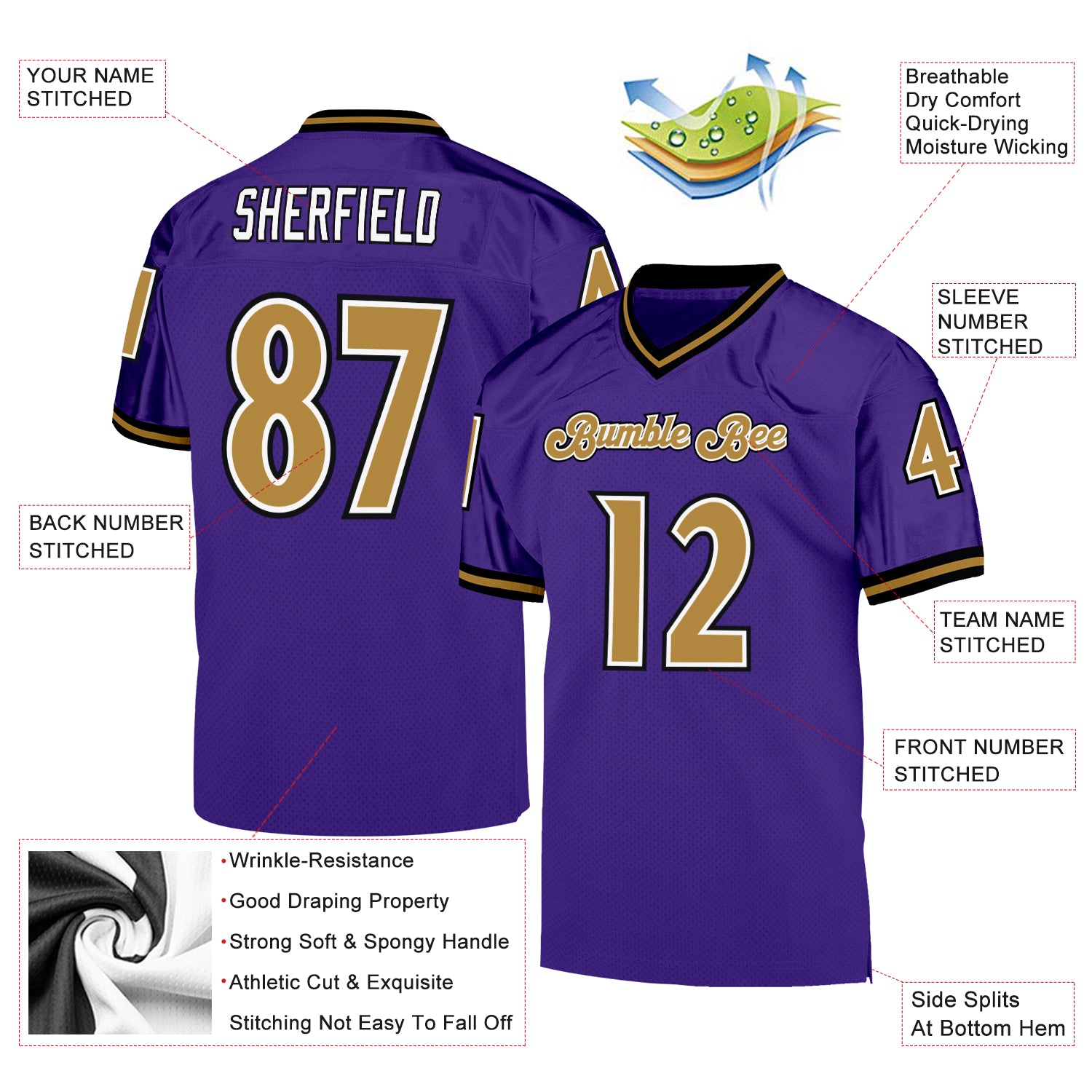 Custom Purple Old Gold-Black Mesh Authentic Throwback Football Jersey