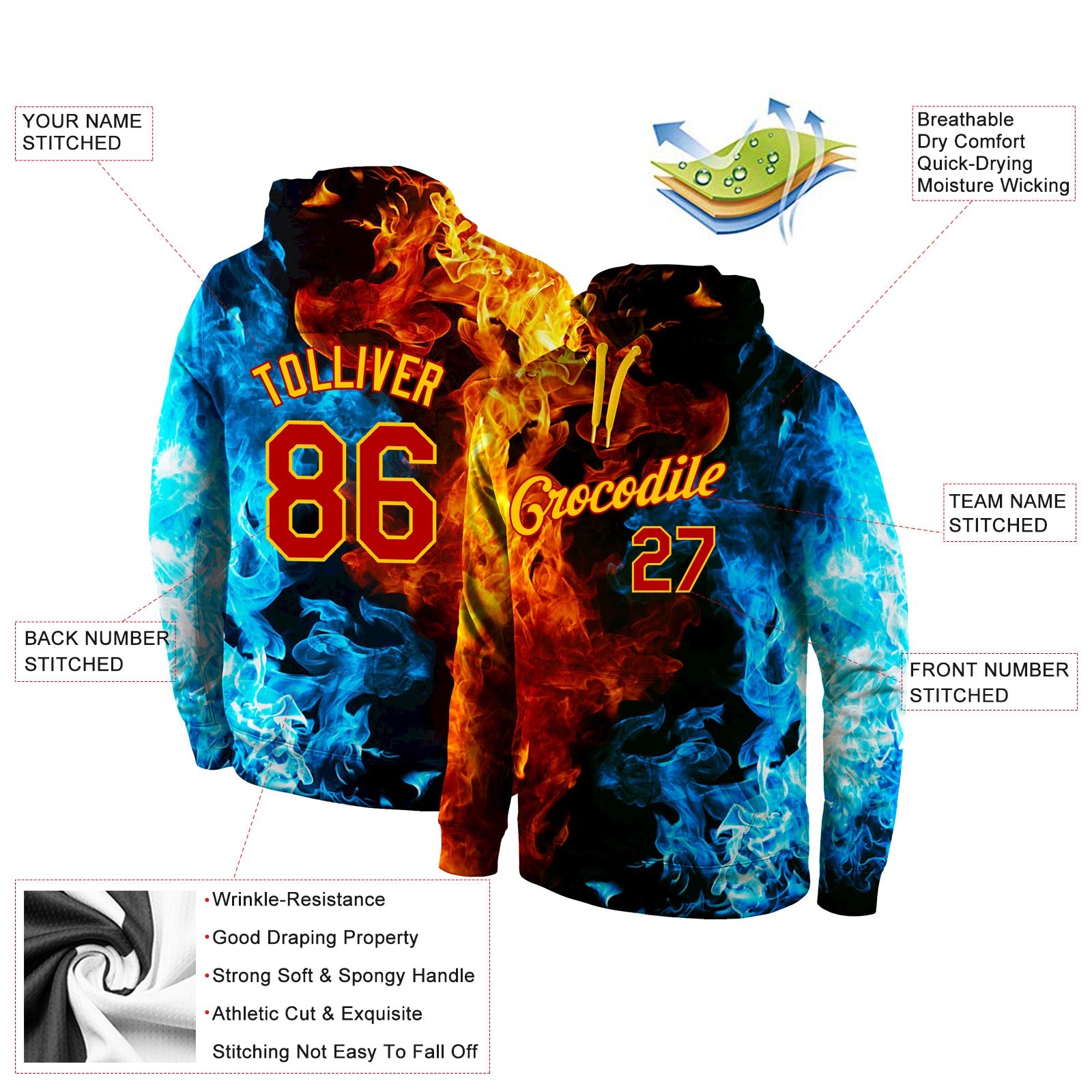 Custom Stitched Red Red-Gold 3D Pattern Design Flame Sports Pullover Sweatshirt Hoodie
