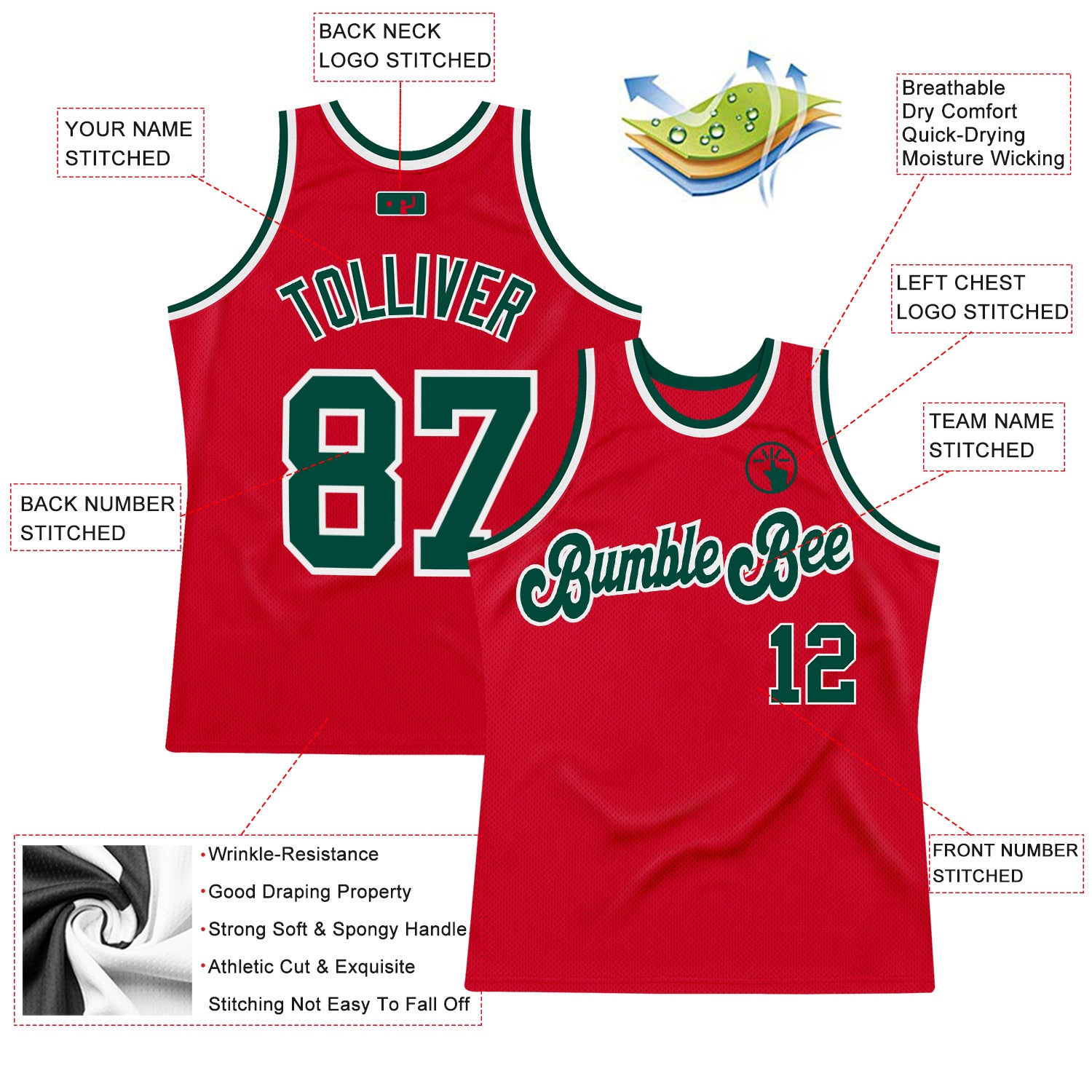 Custom Red Green-White Authentic Throwback Basketball Jersey