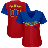Custom Red Royal-Gold 3D Pattern Design Multicolor Authentic Baseball Jersey