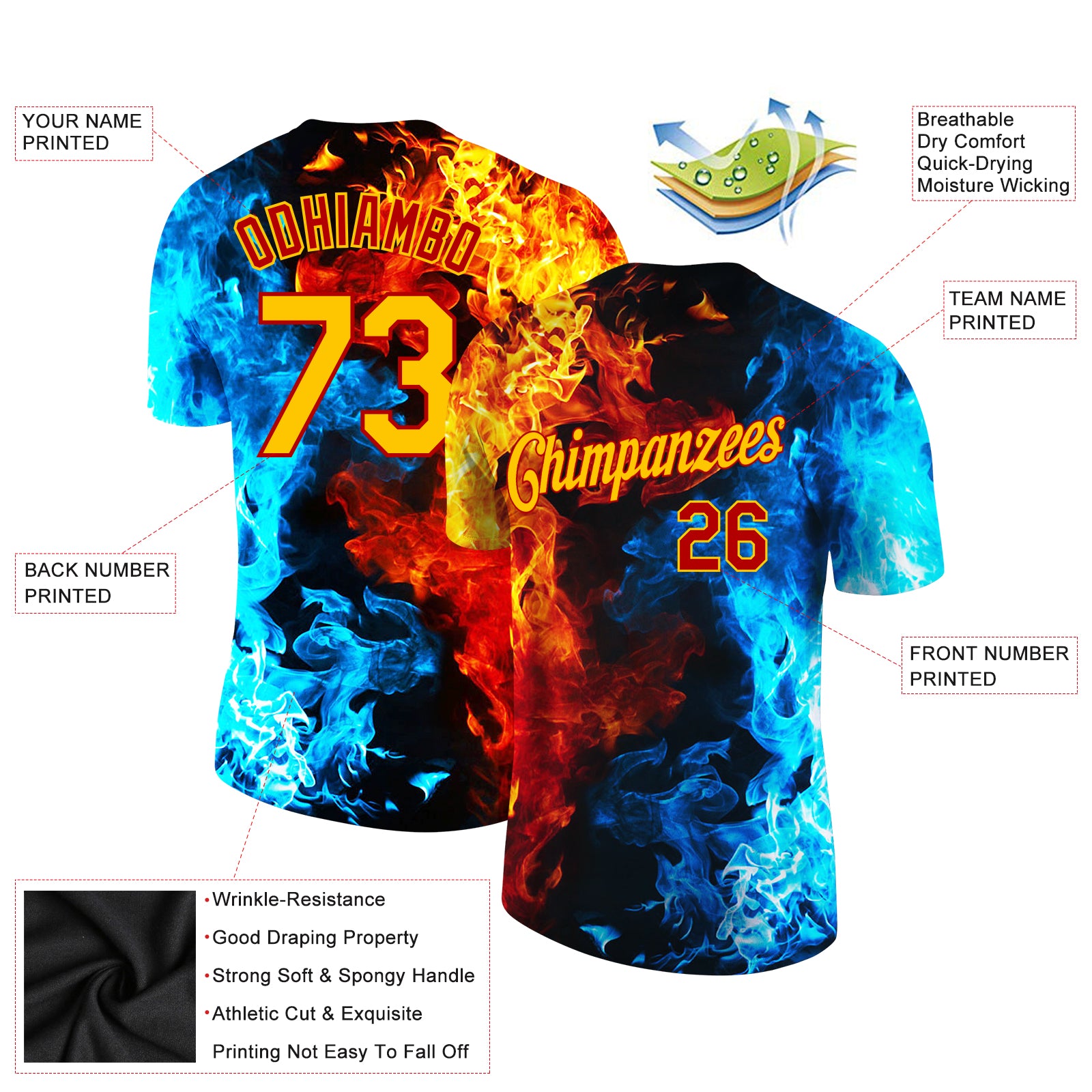 Custom Red Gold-Red 3D Pattern Design Flame Performance T-Shirt