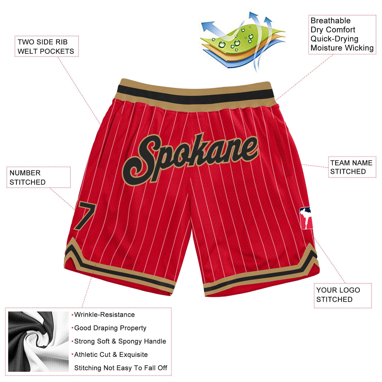 Custom Red White Pinstripe Black-Old Gold Authentic Basketball Shorts
